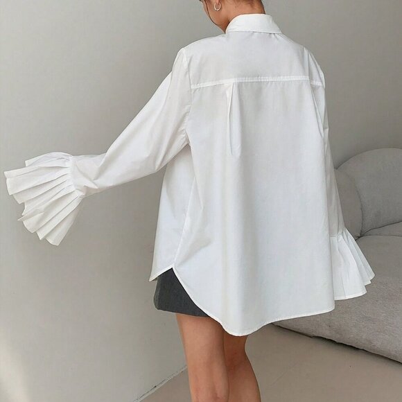 White Casual Women's Korean Shirt With Ruffled Cuffs - Picture 6 of 6